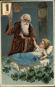 German New Year Father Time Child in Bed Gilt Inlay c1910 Postcard