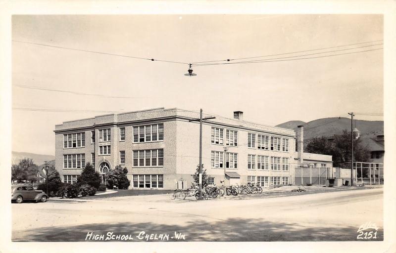 Chelan Washington~High School Building~Full Bicycle Rack~Classic Car~1950s RPPC