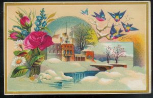 VICTORIAN TRADE CARD Sting Monitor Bell Building in Snow Creek Flowers & Birds