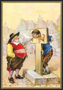 Fat Man Holding Pipe Man in Wooden Pillory Troost Tobacco HOLLAND Unused c1940s