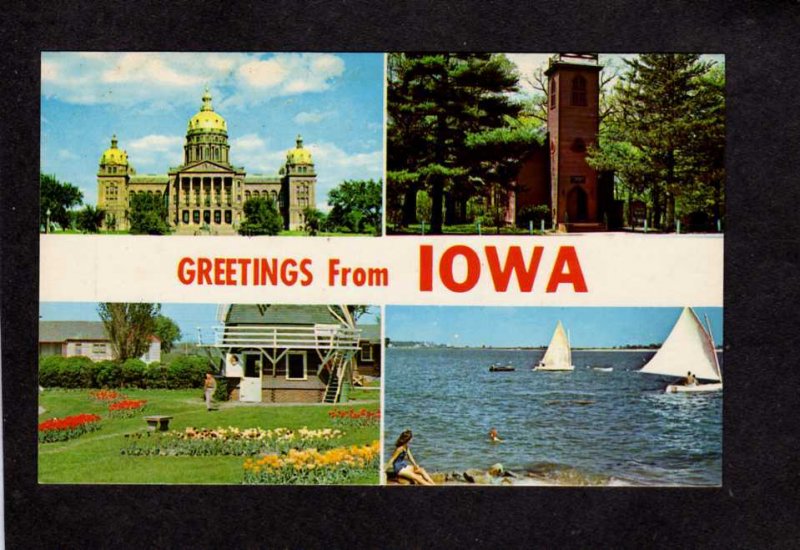 IA Greetings From Iowa State Capitol Little Brown Church Tulips Postcard