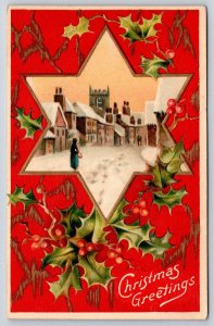 Christmas~Woman in Star of David Village~Red Back~Holly Berry~Embossed~Germany