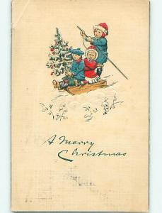 Divided-Back christmas KIDS ON TOBOGGAN SLED HOLDING XMAS TREE r4778