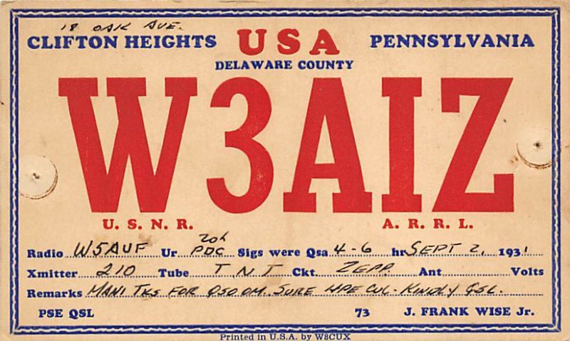 W3AIZ Clifton Heights, PA., USA QSL Unused 