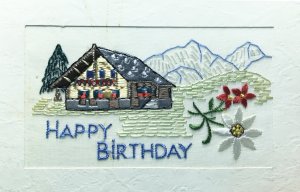 Embrodered Post Card. Happy Birthday.