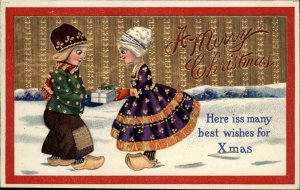 Christmas Dutch Children Boy & Girl Present Gilt Gel Coat SB c1900s-20s Postcard