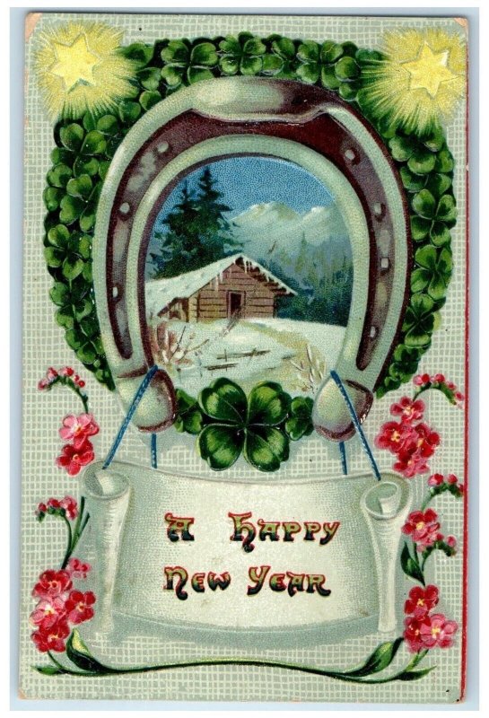 1909 New Year Horseshoe Shamrock Flowers Embossed Oshkosh Wisconsin WI Postcard