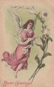 EASTER, PU-1909; Greetings, Angel floating next to white Lily