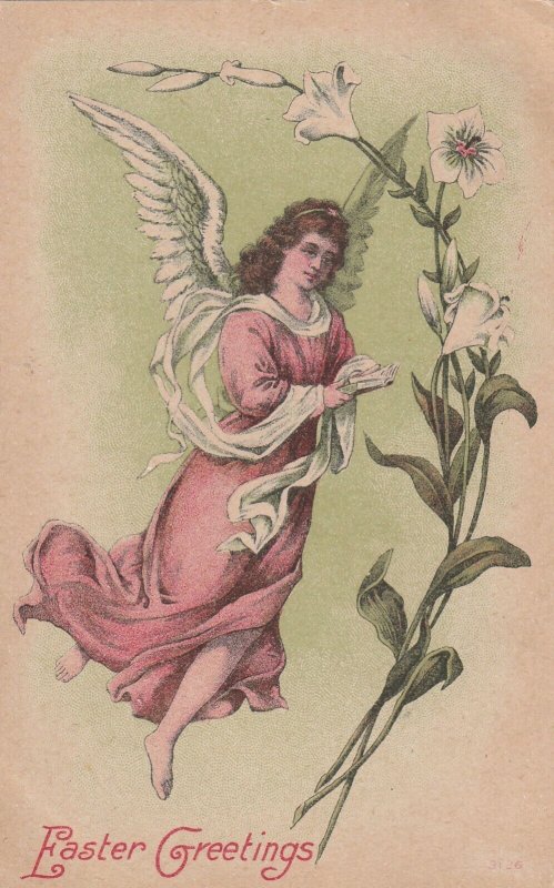 EASTER, PU-1909; Greetings, Angel floating next to white Lily