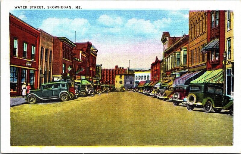 Water Street Downtown Skowhegan Maine Old Cars Streetview Postcard 