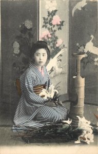 Hand Colored Postcard Japanese Woman In Kimono Sits Arranging Lilies