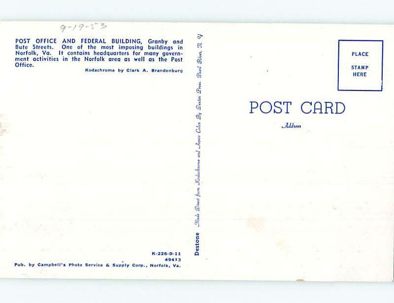 Unused Pre-1980 POST OFFICE SCENE Norfolk Virginia VA hs0969