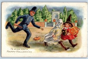 Halloween Policeman Chasing Children Halloween Costume Jack O Lantern Postcard