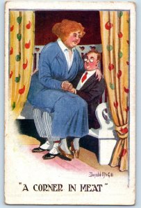 1916 Humor Couple Fat Woman A Corner In Meat Donald McGill Signed Postcard