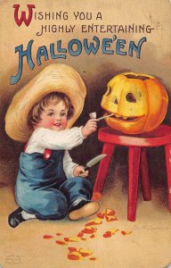 J87/ Halloween Postcard c1910 Ellen Clapsaddle Pipe Jack-O-Lantern 72