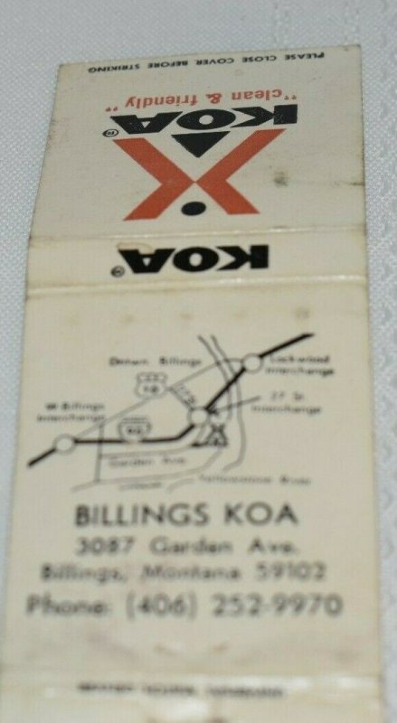 KOA Billings Montana 20 Strike Matchbook Cover 