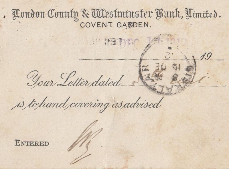 London Westminster Bank Covent Garden 1911 Receipt Postcard