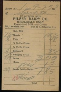 1925 CHICAGO IL PILSEN DAIRY CO. RIDGEWAY AVE WHOLESALE ONLY INVOICE 35-22