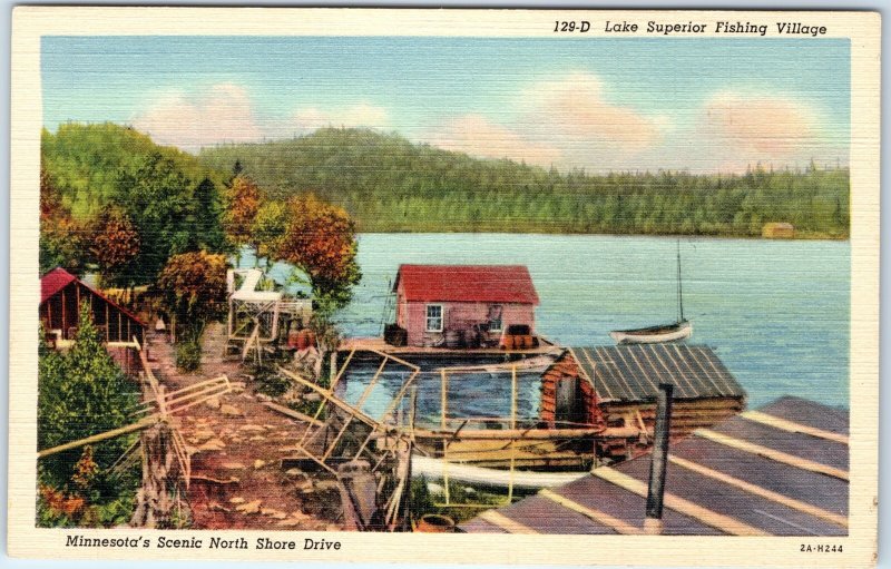 c1940s MN Lake Superior Fishing Pioneer Village Rustic Linen PC House Boat A292