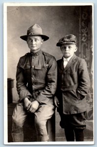 WWI Postcard RPPC Photo US Navy Army Soldier And Boy c1910's Posted Antique