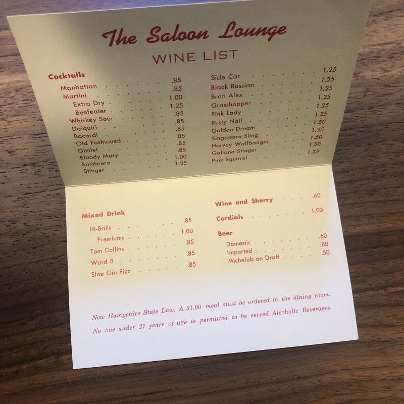 Keene , NH - New Hampshire - The Saloon Lounge - Valley Green Restaurant Menu 