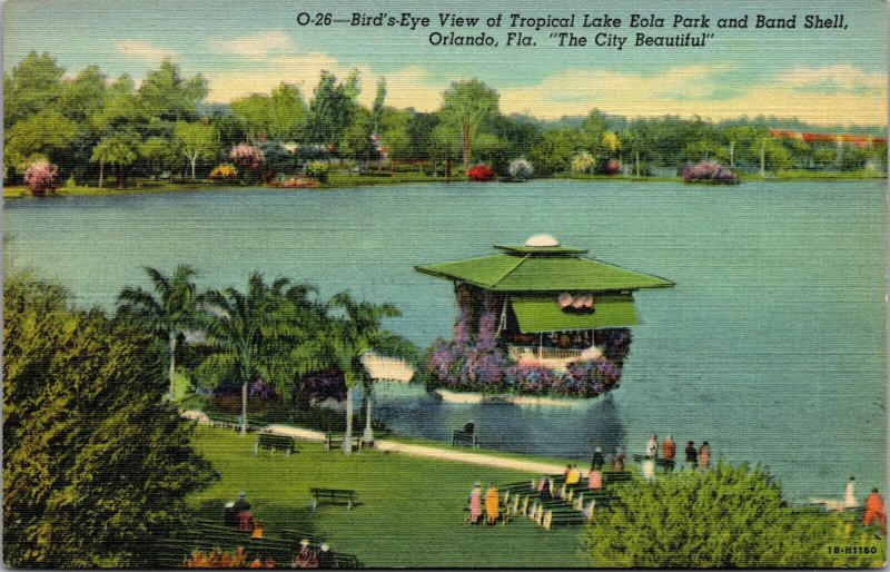 Vtg Birdseye View Lake at Eola Park and Band Shell Orlando Florida FL Postcard