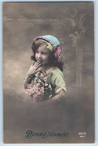 New Year Bonne Anne Pretty Little Girl Flowers Mistletoe RPPC Photo Postcard