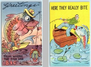 2 Postcards FISHING EXAGGERATION COMICS Fish Fishing for Man, Fish Bites Man