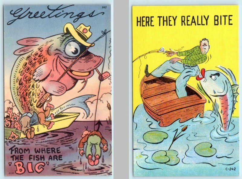 2 Postcards FISHING EXAGGERATION COMICS Fish Fishing for Man, Fish Bites Man