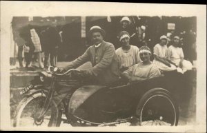 Motorcycle Sidecar Man Women Bath Caps License Plate c1910 Real Photo Postcard