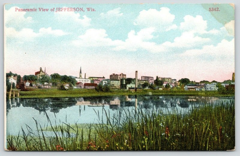 Jefferson Wisconsin~Panoramic View Across River~Skyline Reflects in Water~c1910