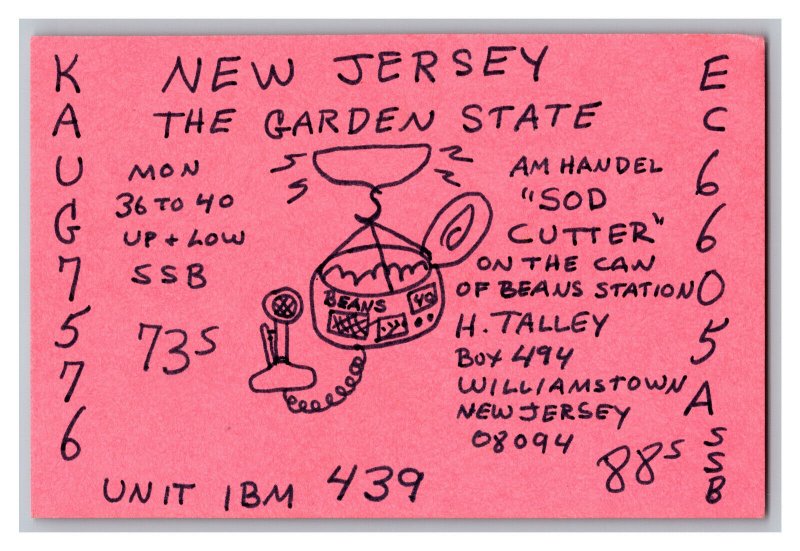 Postcard QSL CB Ham Radio Amateur Card From Williamstown New Jersey KAUG7576