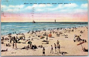 1940's Beach and Pier Highland Park Grand Haven Michigan MI Posted Postcard