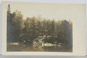 Canada RPPC Scenic Lake River Man on Cliff Stairs Trees Real Photo Postcard K11