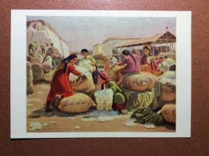 Vintage Russian postcard 1955 Myagkov. Socialist realism. Cotton base Uzbekistan