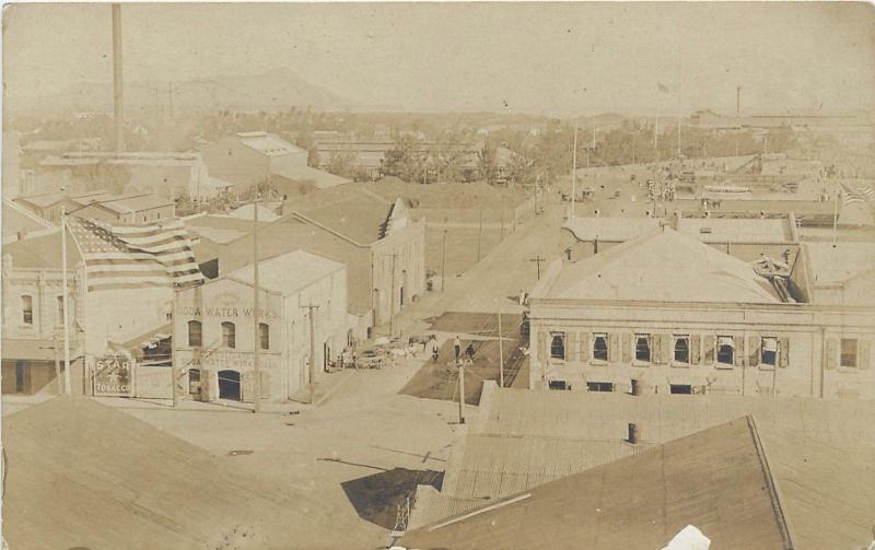 Early RPPC Honolulu HI Soda Water Works Building & Street Scene Horsedrawn