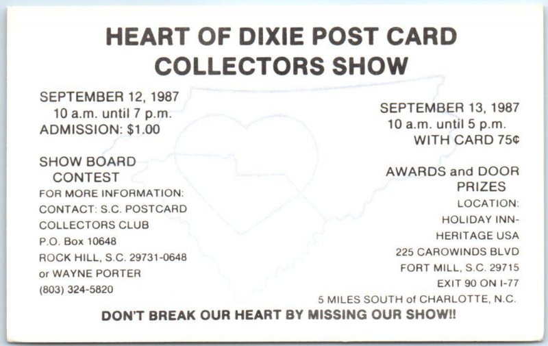 Heart Of Dixie Post Card Collectors Show, Holiday Inn Heritage - Fort Mill, S.C. 