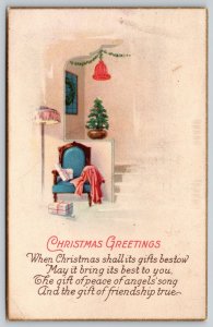 Christmas~ART DECO~Decorated Tree Under Bell Garland~Armchair Gifts~Stecher 998c