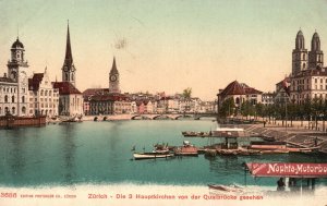 Vintage Postcard 1910's Zurich Die 3 Hauptkirchen Von Der Quaibrucke Gesehen CH