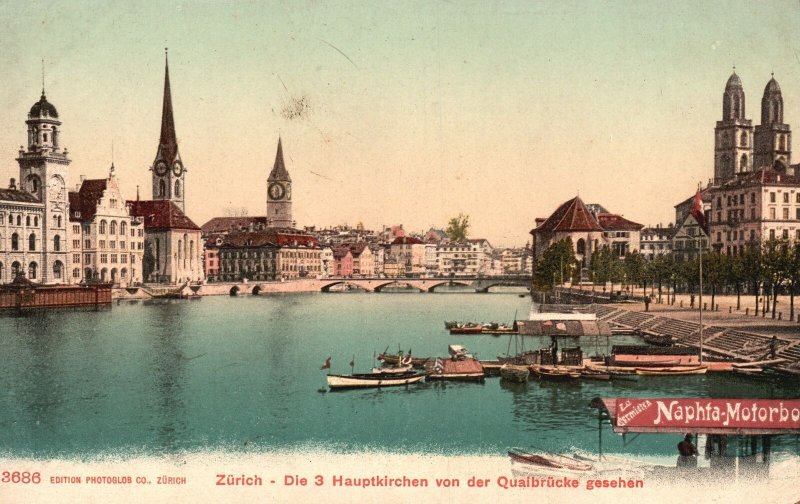 Vintage Postcard 1910's Zurich Die 3 Hauptkirchen Von Der Quaibrucke Gesehen CH