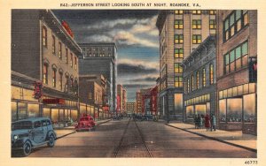 Roanoke, VA Virginia  JEFFERSON STREET SCENE~Night View  ca1940's Linen Postcard 