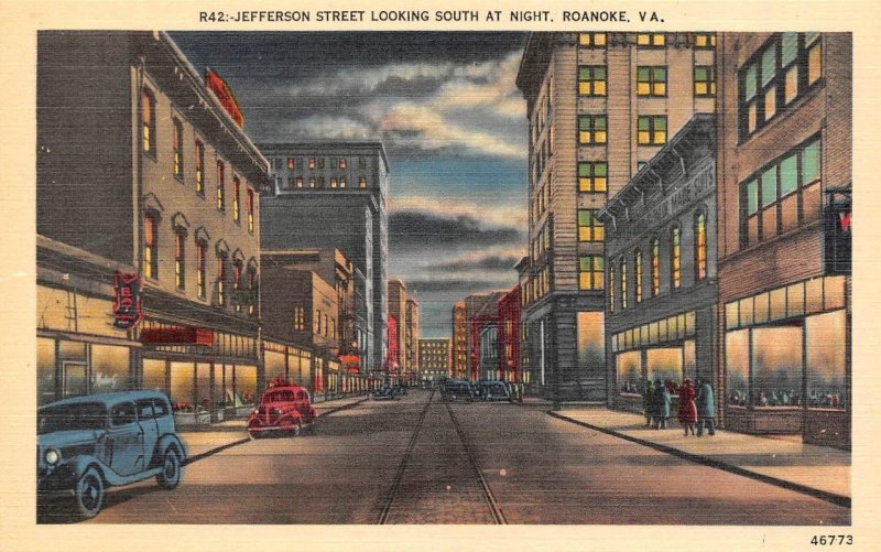 Roanoke, VA Virginia  JEFFERSON STREET SCENE~Night View  ca1940's Linen Postcard