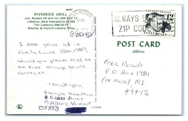 LEBANON, NH ~ Roadside RIVERSIDE GRILL Restaurant 1981 Grafton County Postcard