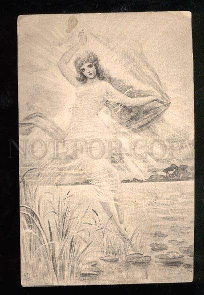 027740 Semi-Nude WITCH Fairy on Bog By ED vintage PC