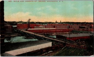 View of Mills and Granite Street Bridge, Manchester NH Vintage Postcard U22