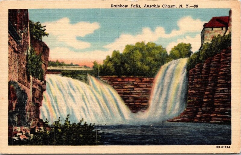 Rainbow Falls Ausable Chasm NY New York Linen Postcard VTG UNP Vintage Unused