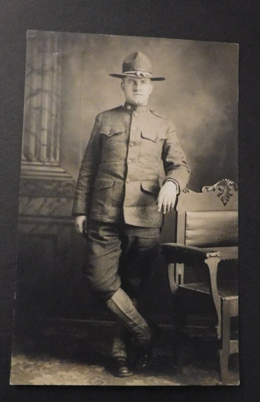 Mint Postcard America WWI Soldier Military Uniform Formal Photo RPPC