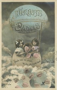 Postcard C-1910 Easter Egg balloon bombs girls hand tint color TP24-3075