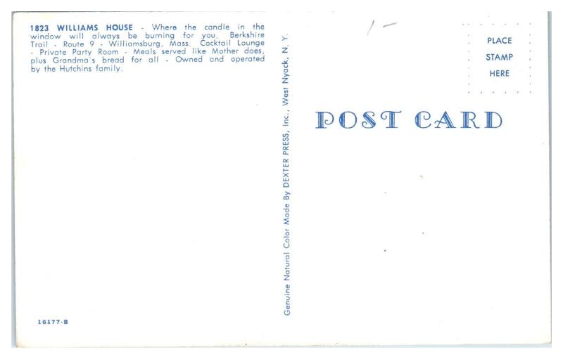 1950s/60s Williams House, Restaurant, Cocktail Lounge, Williamsburg, MA Postcard