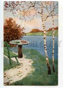 487904 Ploszisky PLOSHINSKY Autumn Birch Bench bank of river Vintage AL #124